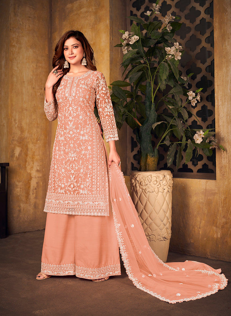 Monjolika Fashion Peach Color Net Embroidered Palazzo Suit