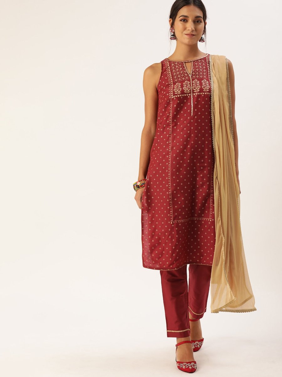 All About You Women Red Ethnic Motifs Printed Kurta with Trousers & With Dupatta