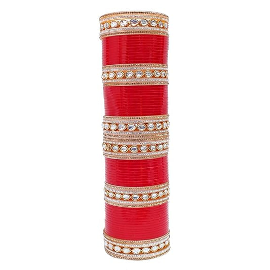Tehzeeb Creations Bridal Bangle Set Chura Red White Kundan & Golden Stone Choora Wedding Punjabi Chuda for Women