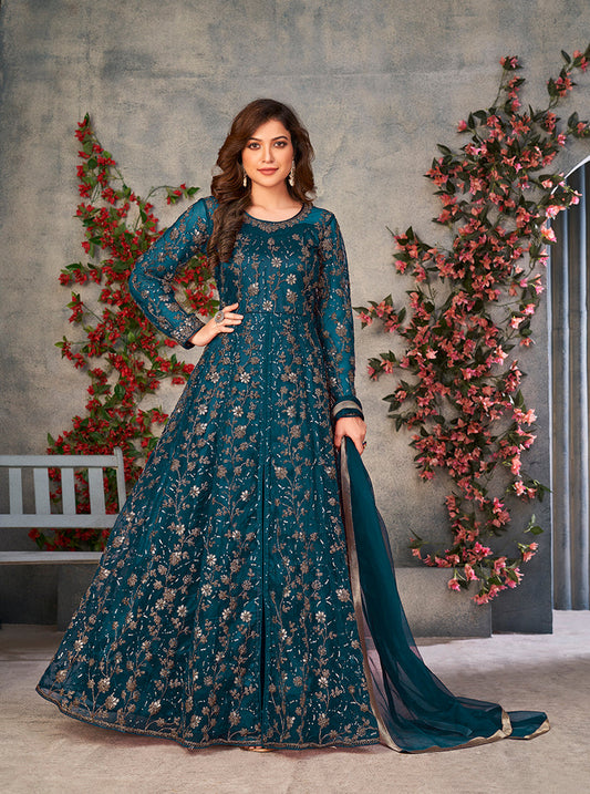 Monjolika Fashion Light Blue Color Net Embroidered Anarkali Salwar Suit