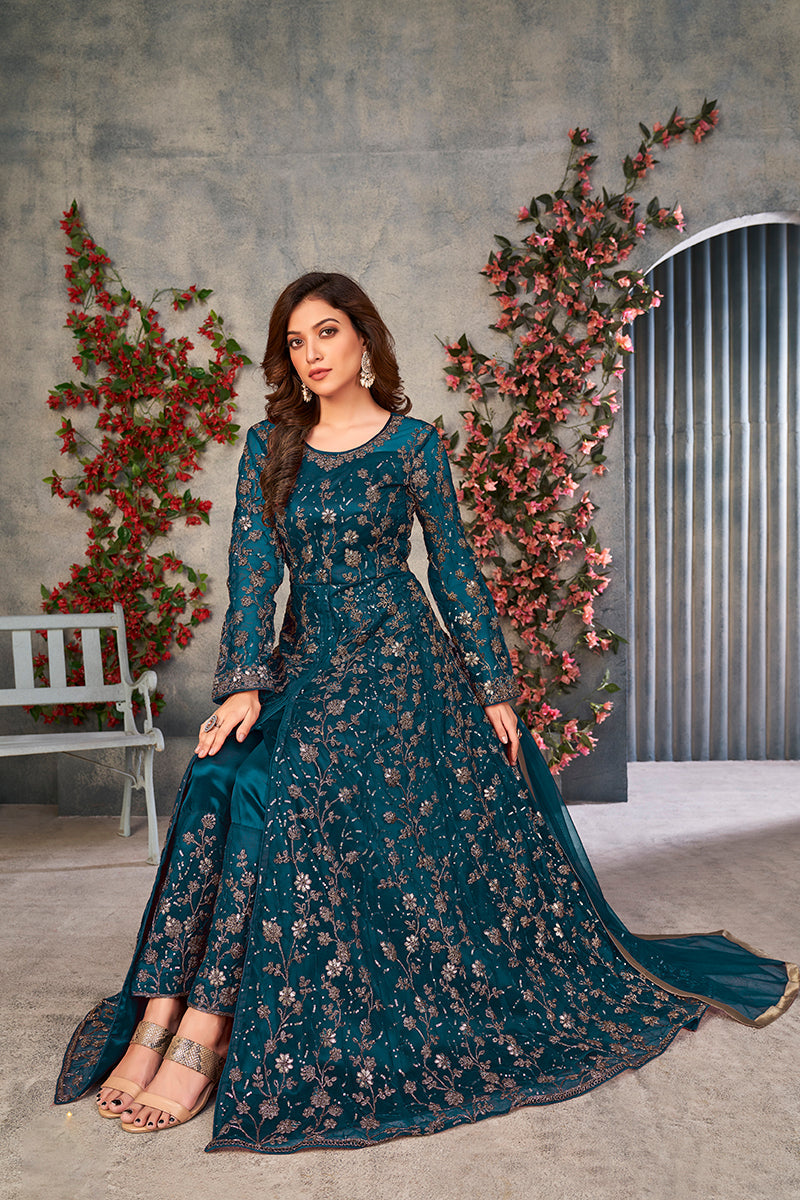 Monjolika Fashion Light Blue Color Net Embroidered Anarkali Salwar Suit