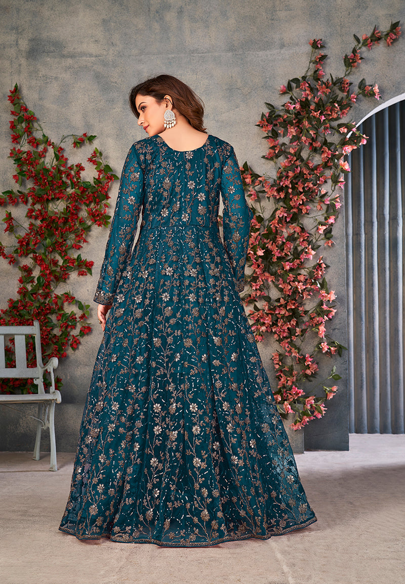 Monjolika Fashion Light Blue Color Net Embroidered Anarkali Salwar Suit