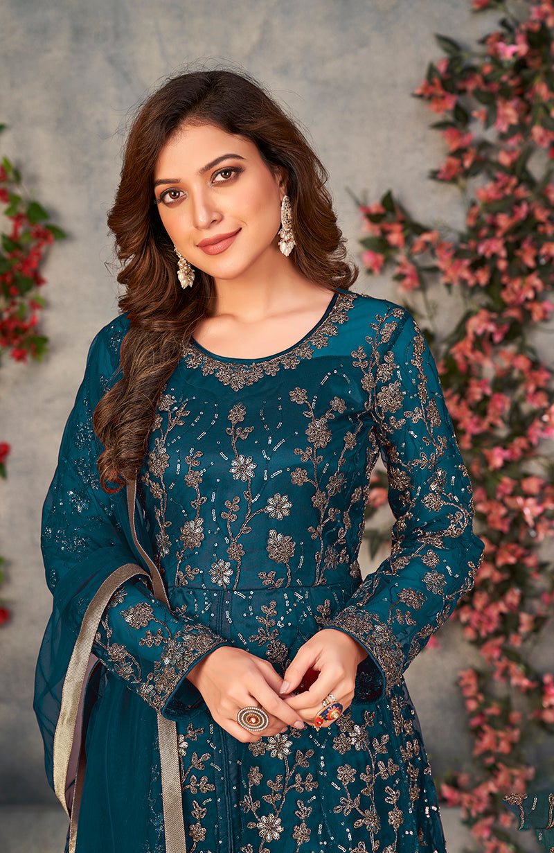 Monjolika Fashion Light Blue Color Net Embroidered Anarkali Salwar Suit