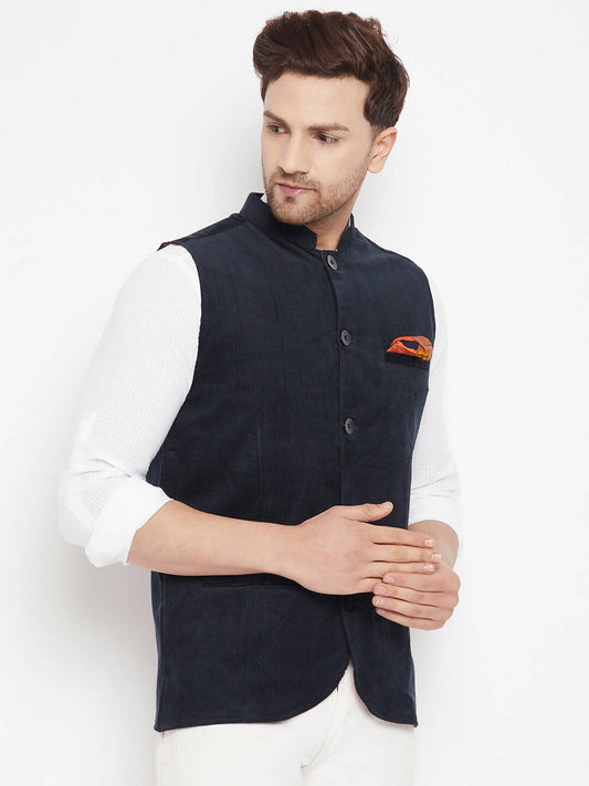 Even Apparels Navy Polyester Men's Nehru Jacket-Contrast Lining-Inbuilt Pocket Square 