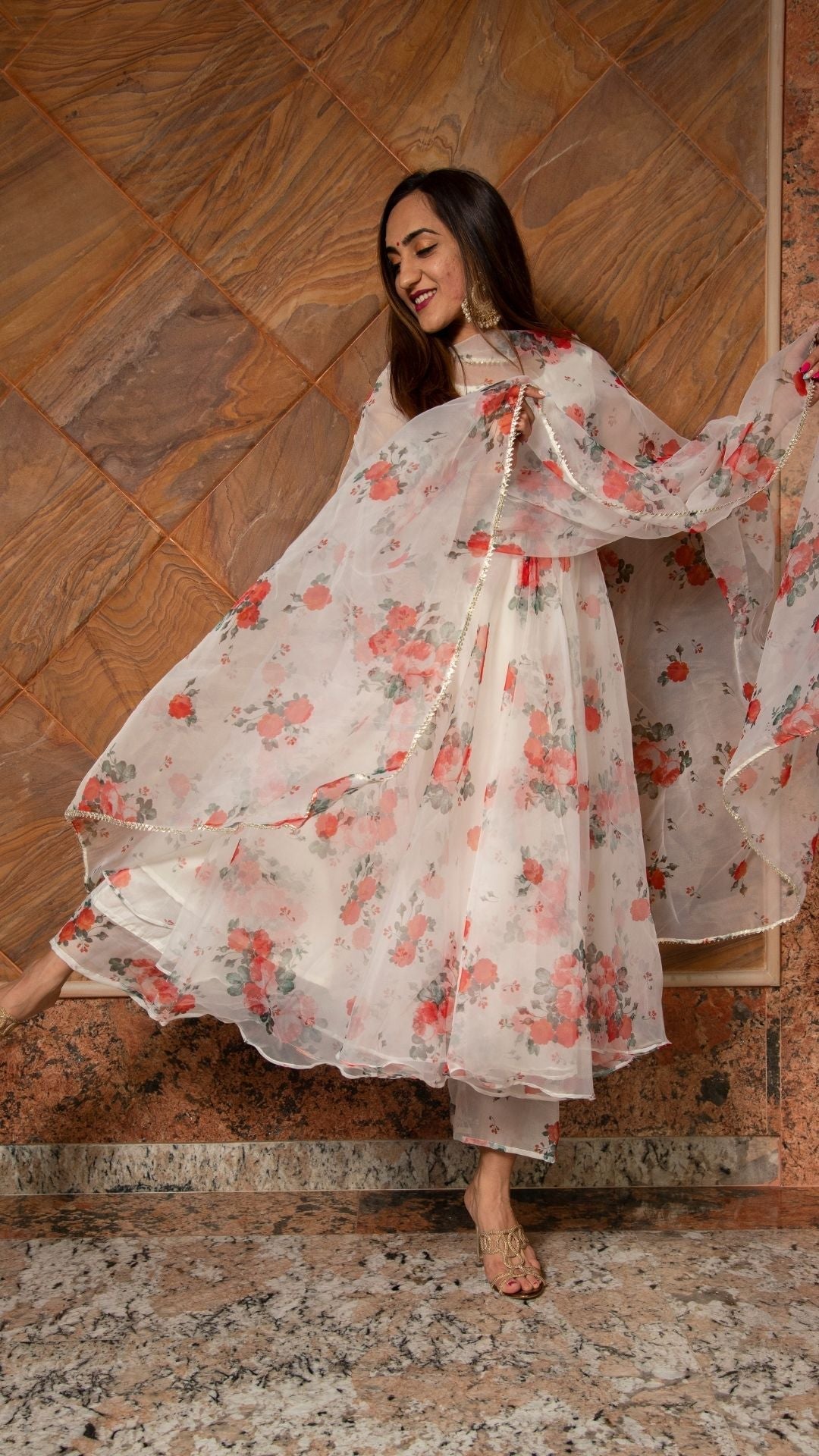 Pomcha Jaipur Red And White Floral Organza Anarkali Set 