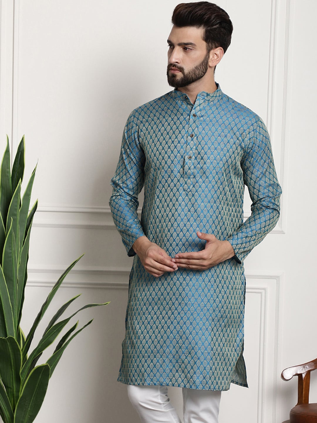 Sojanya Men Blue & Beige Ethnic Motif Printed Jacquard Silk Kurta 