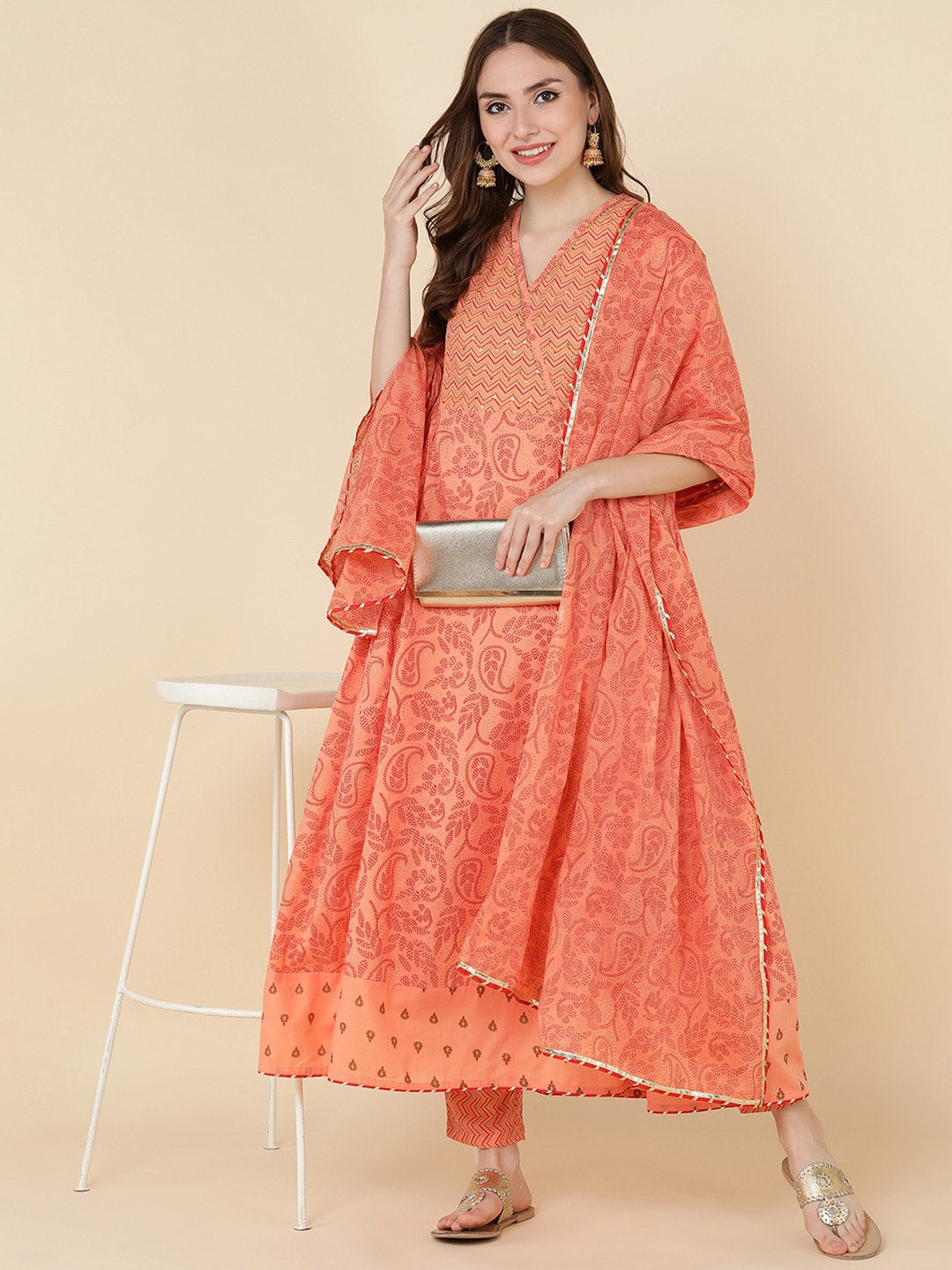 HERE&NOW Women Orange Embroidered Pure Cotton Kurta with Trousers & With Dupatta