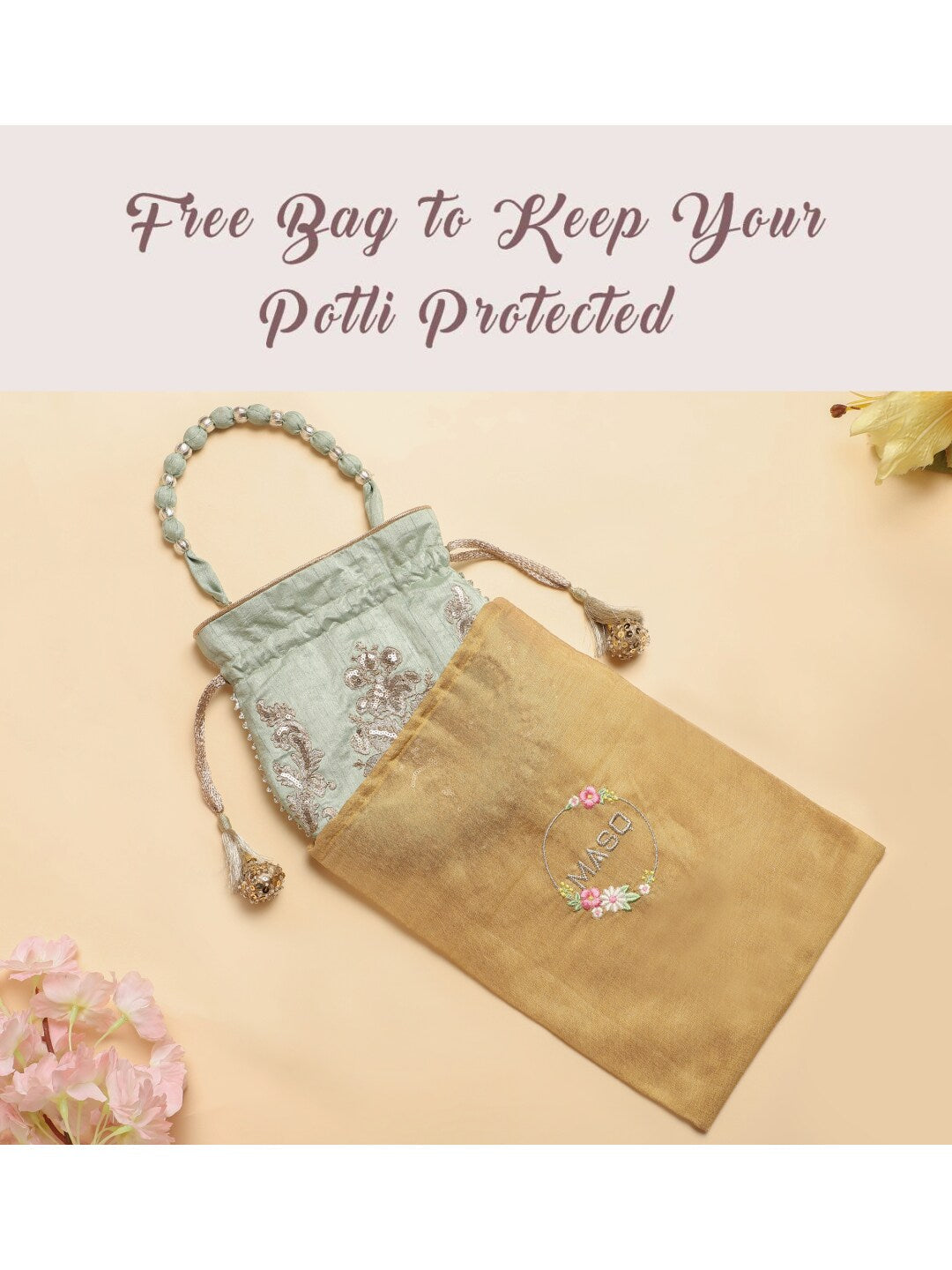 Masq Pink & Gold-Toned Embellished Potli Clutch 
