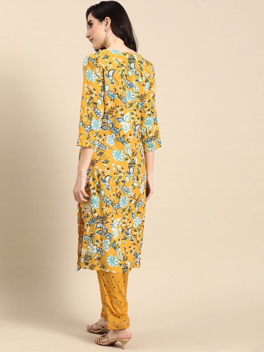 All About You Women Mustard Yellow & White Floral Printed Kurta with Trousers