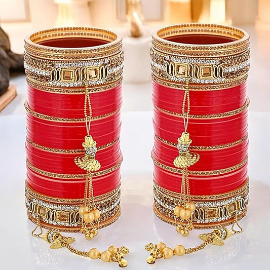 Tehzeeb Creations Bridal Bangle Set Wedding Punjabi chuda Designer chura CZ Stone Red Color choora Set for Women