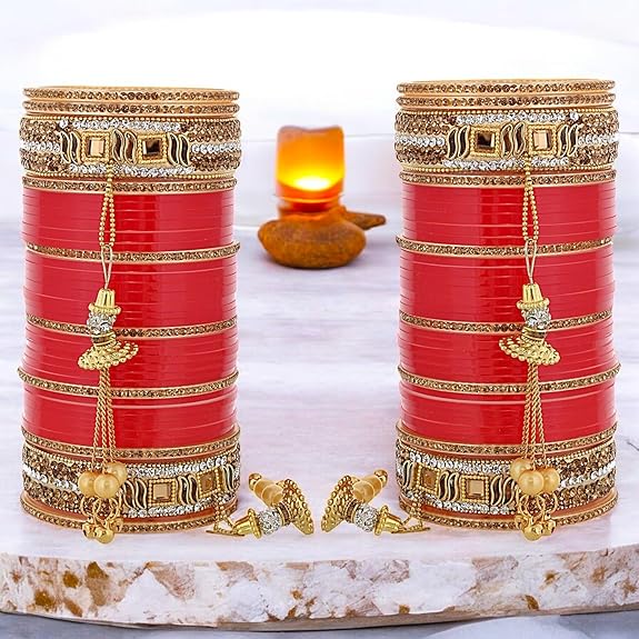 Tehzeeb Creations Bridal Bangle Set Wedding Punjabi chuda Designer chura CZ Stone Red Color choora Set for Women | Grab2Buy