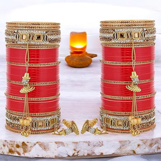 Tehzeeb Creations Bridal Bangle Set Wedding Punjabi chuda Designer chura CZ Stone Red Color choora Set for Women
