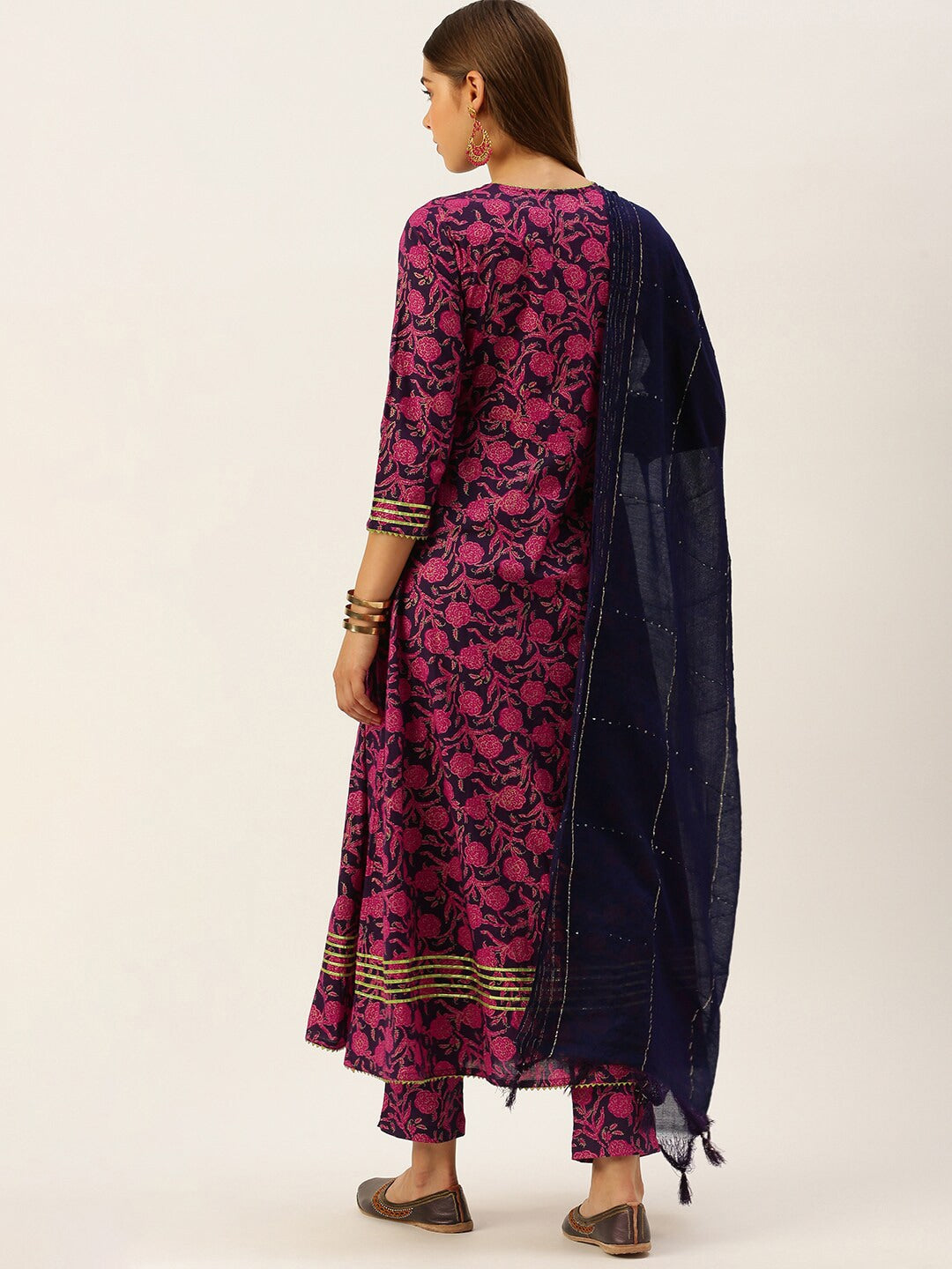 HERE&NOW Women Pink & Navy Blue Printed Pure Cotton Kurta with Trousers & With Dupatta