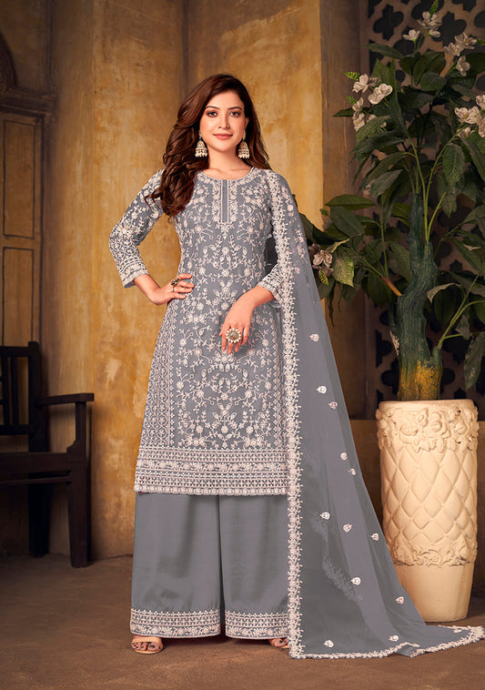 Monjolika Fashion Grey Color Net Embroidered Salwar Kameez
