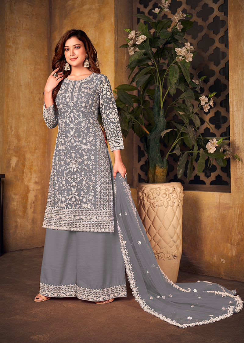 Monjolika Fashion Grey Color Net Embroidered Salwar Kameez