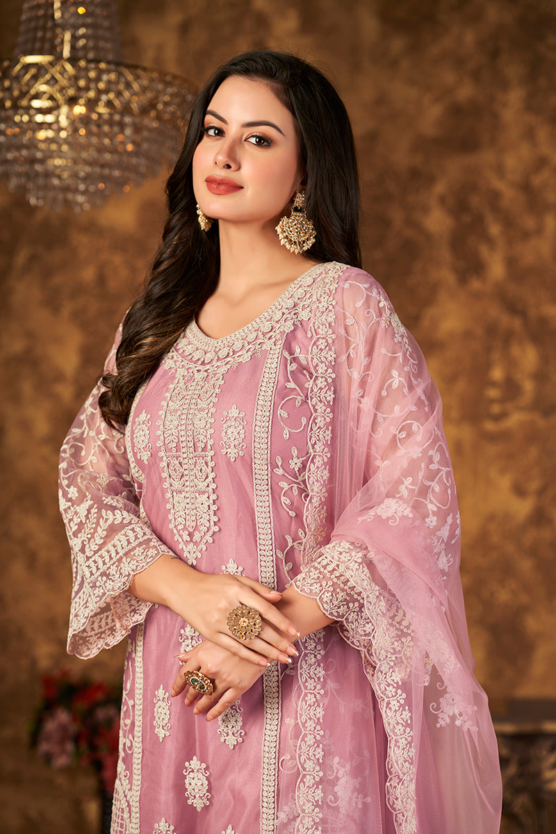 Monjolika Fashion Light Pink Color Net Embroidered Palazzo Suit