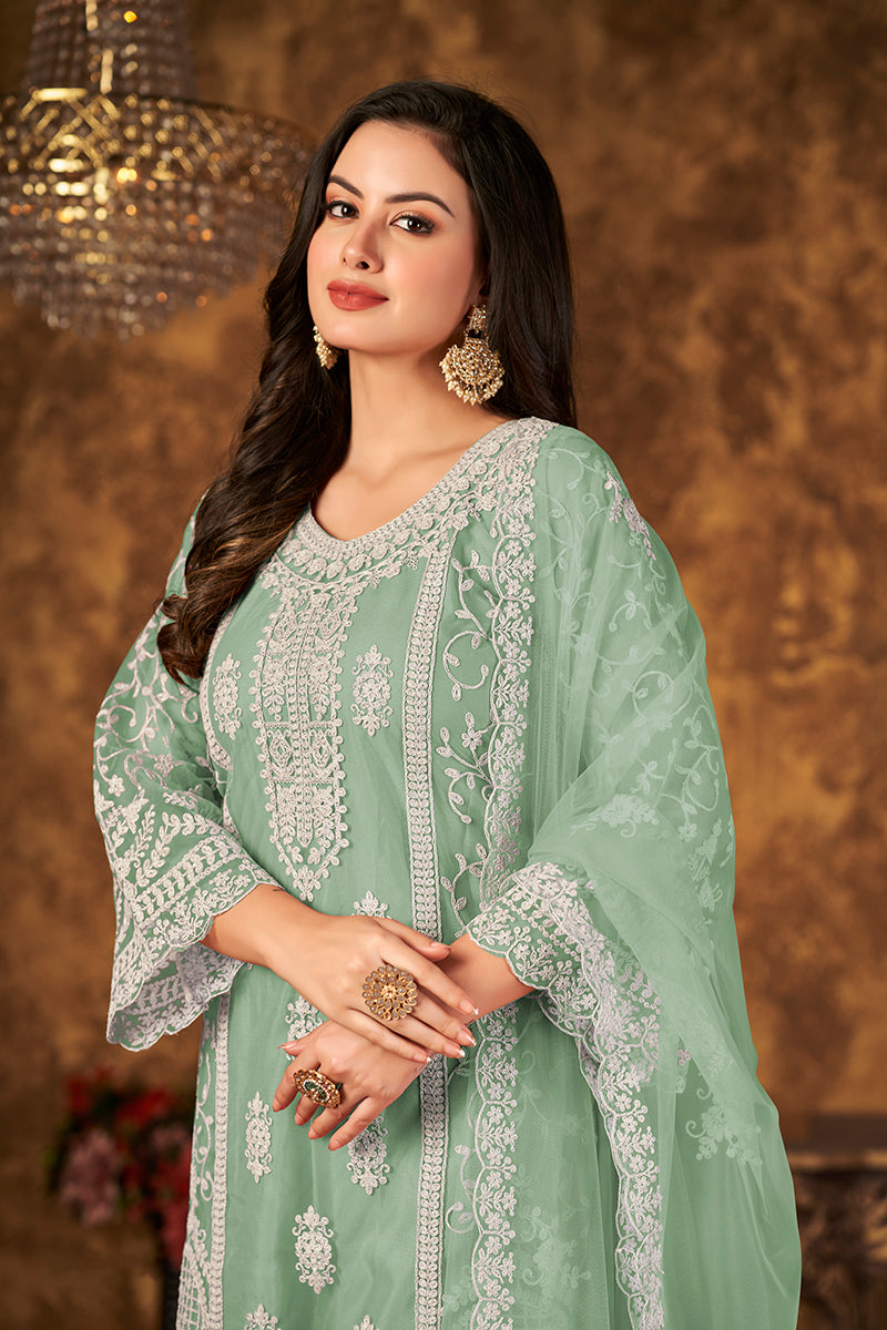 Monjolika Fashion Sea Green Color Net Embroidered Palazzo Suit