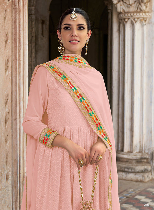Monjolika Fashion Light Pink Color Georgette Embroidered Floor Length Anarkali Suit