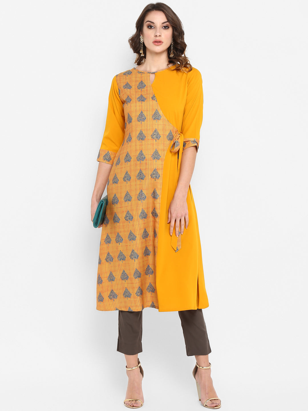 Janasya Women Mustard Yellow & Blue Printed A-Line Kurta