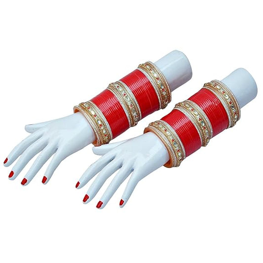 Tehzeeb Creations Bridal Bangle Set Red Golden & White Stone Chura Designer Fashion Choora Punjabi Chuda Set