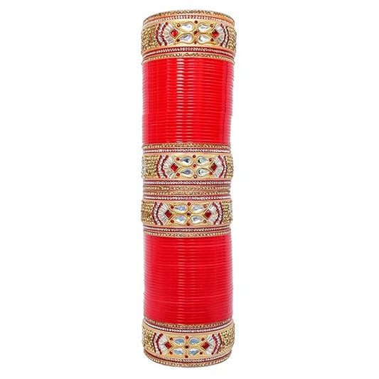 Tehzeeb Creations Bridal Bangle Set Designer Golden White & Red Stone Chuda Dulhan Wedding Choora Fashion Chura For Women