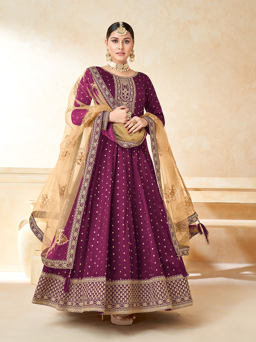 Monjolika Fashion Purple Color Taffeta Silk Embroidered Anarkali Suit
