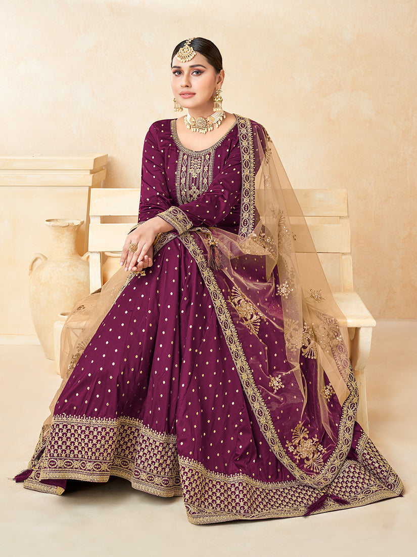Monjolika Fashion Purple Color Taffeta Silk Embroidered Anarkali Suit