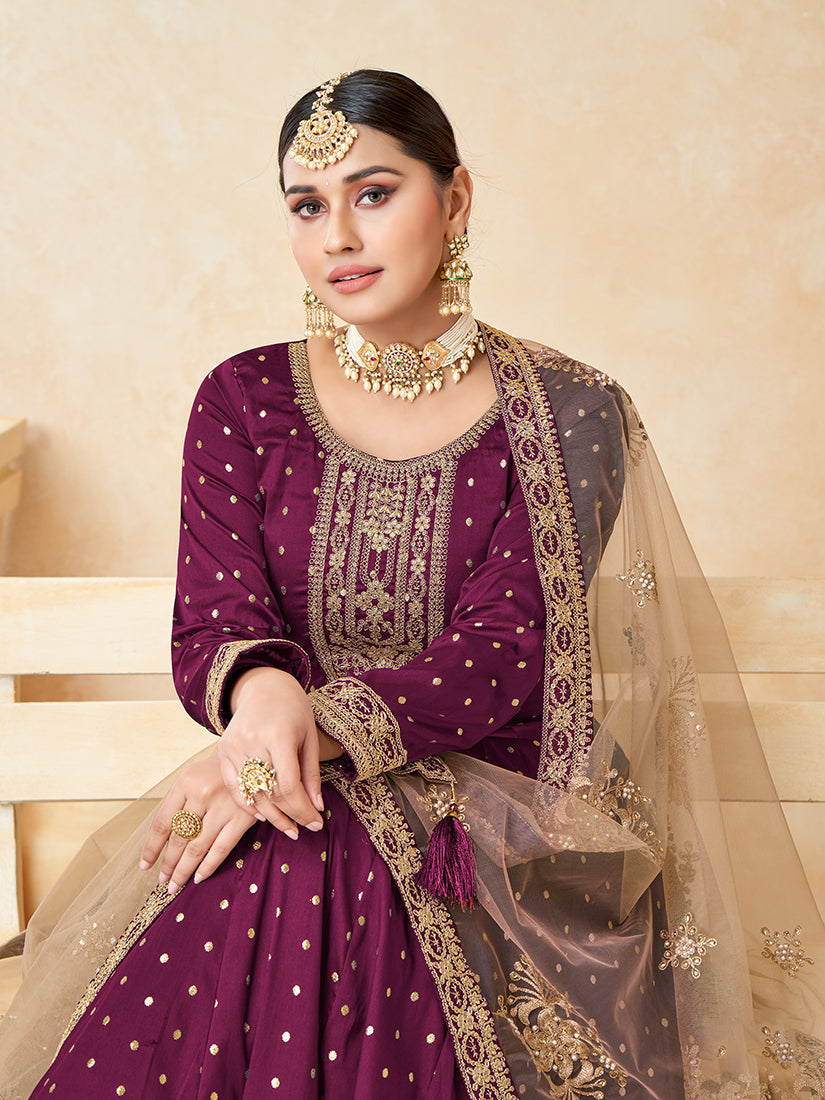 Monjolika Fashion Purple Color Taffeta Silk Embroidered Anarkali Suit