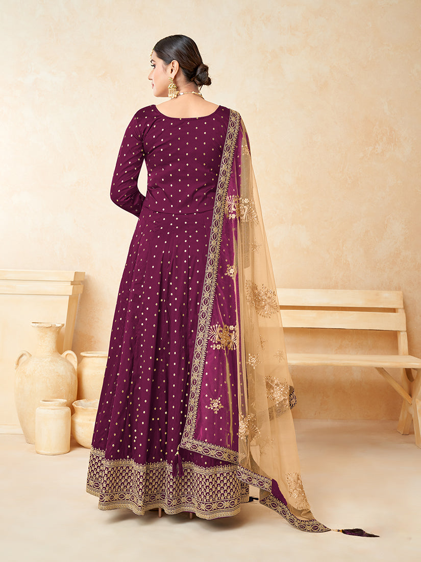 Monjolika Fashion Purple Color Taffeta Silk Embroidered Anarkali Suit