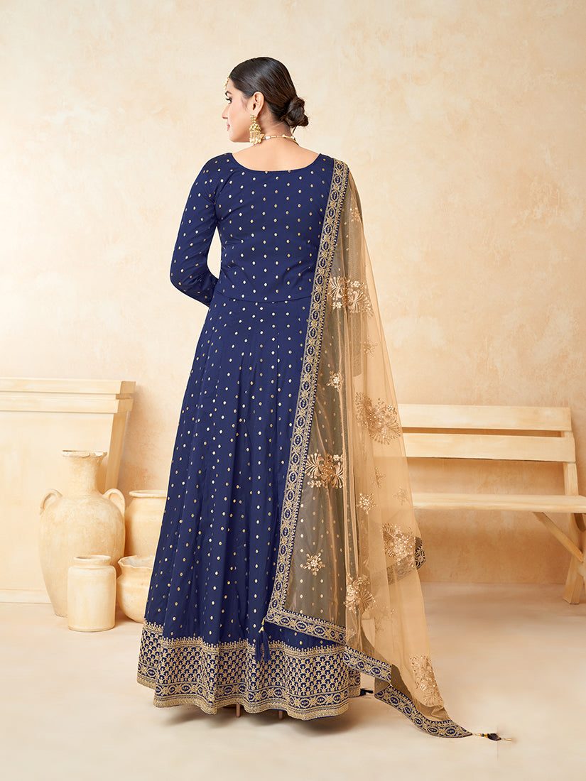 Monjolika Fashion Navy Blue Color Taffeta Silk Embroidered Anarkali Suit