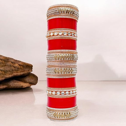 Tehzeeb Creations Bridal Bangle Set Red Designer White Kundan & Golden Stone Dulhan Chuda Fashion Punjabi Choora Wedding Chura For Women