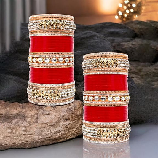 Tehzeeb Creations Bridal Bangle Set Red Designer White Kundan & Golden Stone Dulhan Chuda Fashion Punjabi Choora Wedding Chura For Women
