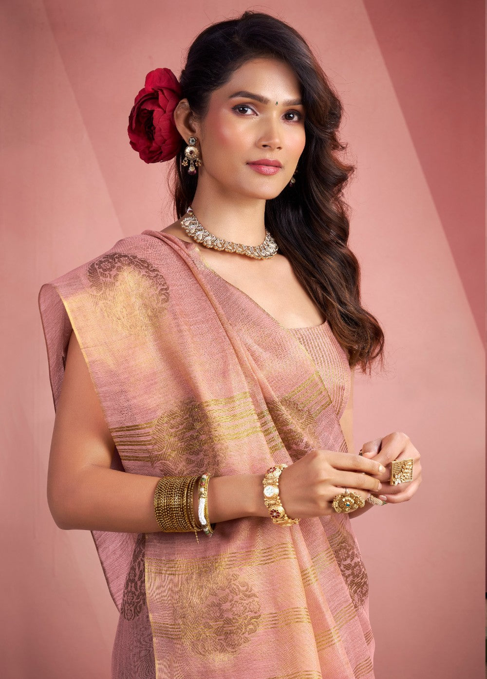 Anaita Baby Pink Silk Tissue Zari Weaving Work Saree With Blouse Piece