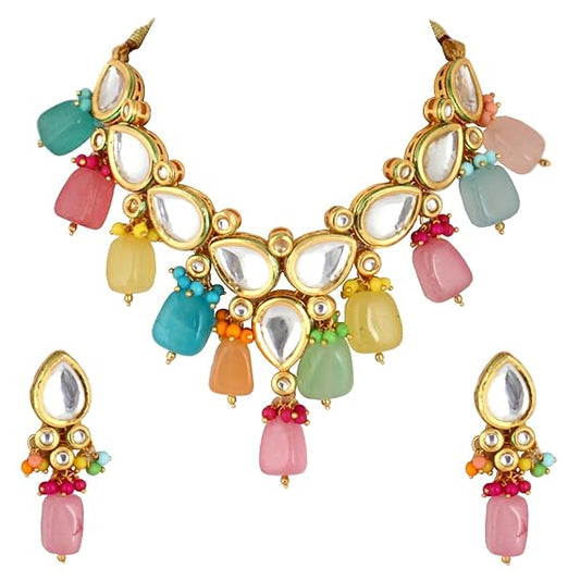 Tehzeeb Creations Meenakari Gold-Polished Multicolor pentagon shape Uncut Kundan Necklace Set Tehzeeb Creations