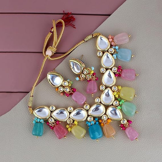 Tehzeeb Creations Meenakari Gold-Polished Multicolor pentagon shape Uncut Kundan Necklace Set Tehzeeb Creations