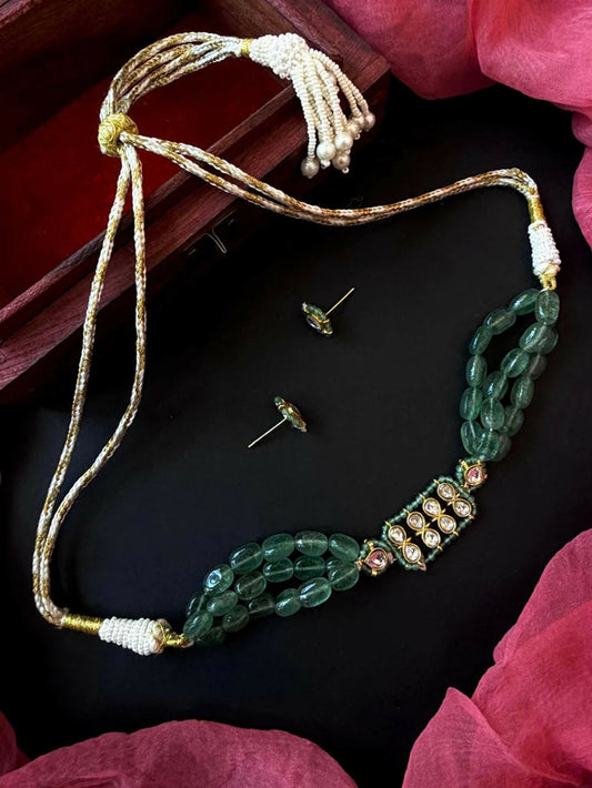Joban Fashion Women Green Pachi Kundan Stone Beaded Choker Necklace