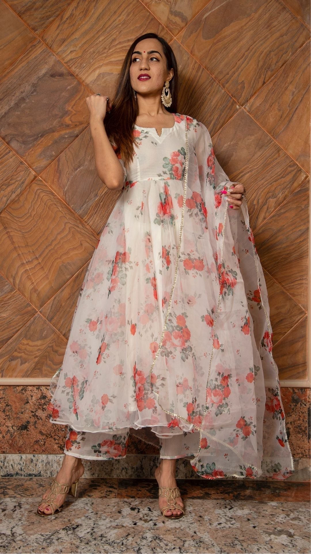 Pomcha Jaipur Red And White Floral Organza Anarkali Set 