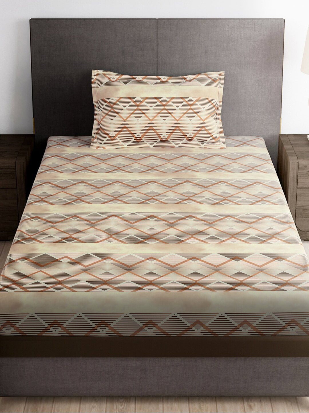 Story@home Brown & White Striped Microfiber 180 TC Bedsheet With Pillow Cover 