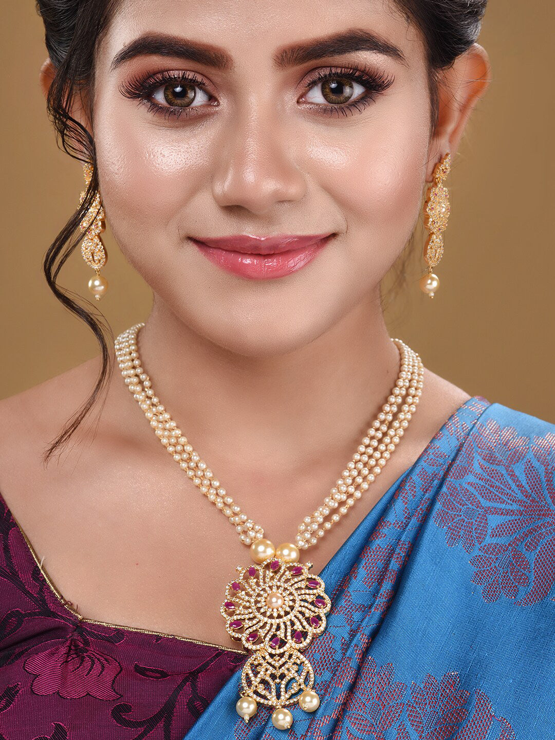 Saraf RS Jewellery Gold-Plated White & Pink American Diamond Studded & Beaded Handcrafted Set - Grab2buy