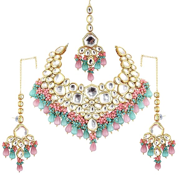 Tehzeeb Creations Meenakari Gold-Polished Multi Color Uncut dibbi Kundan Combo Necklace Set For Women Tehzeeb Creations