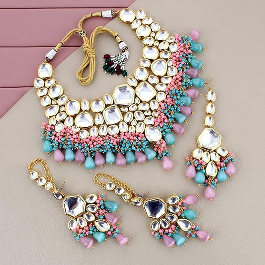 Tehzeeb Creations Meenakari Gold-Polished Multi Color Uncut dibbi Kundan Combo Necklace Set For Women Tehzeeb Creations