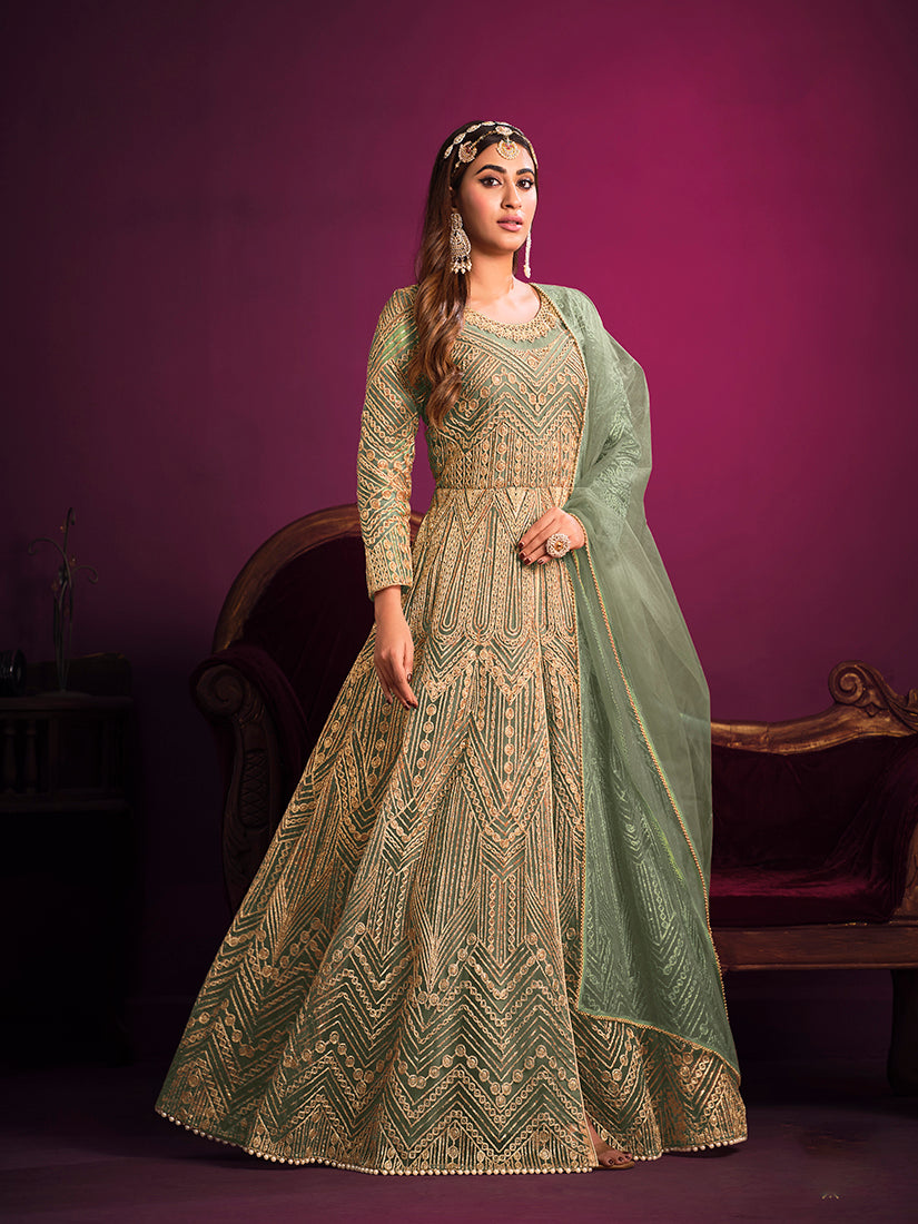 Monjolika Fashion Light Green Sangeet Net Designer Salwar Suit