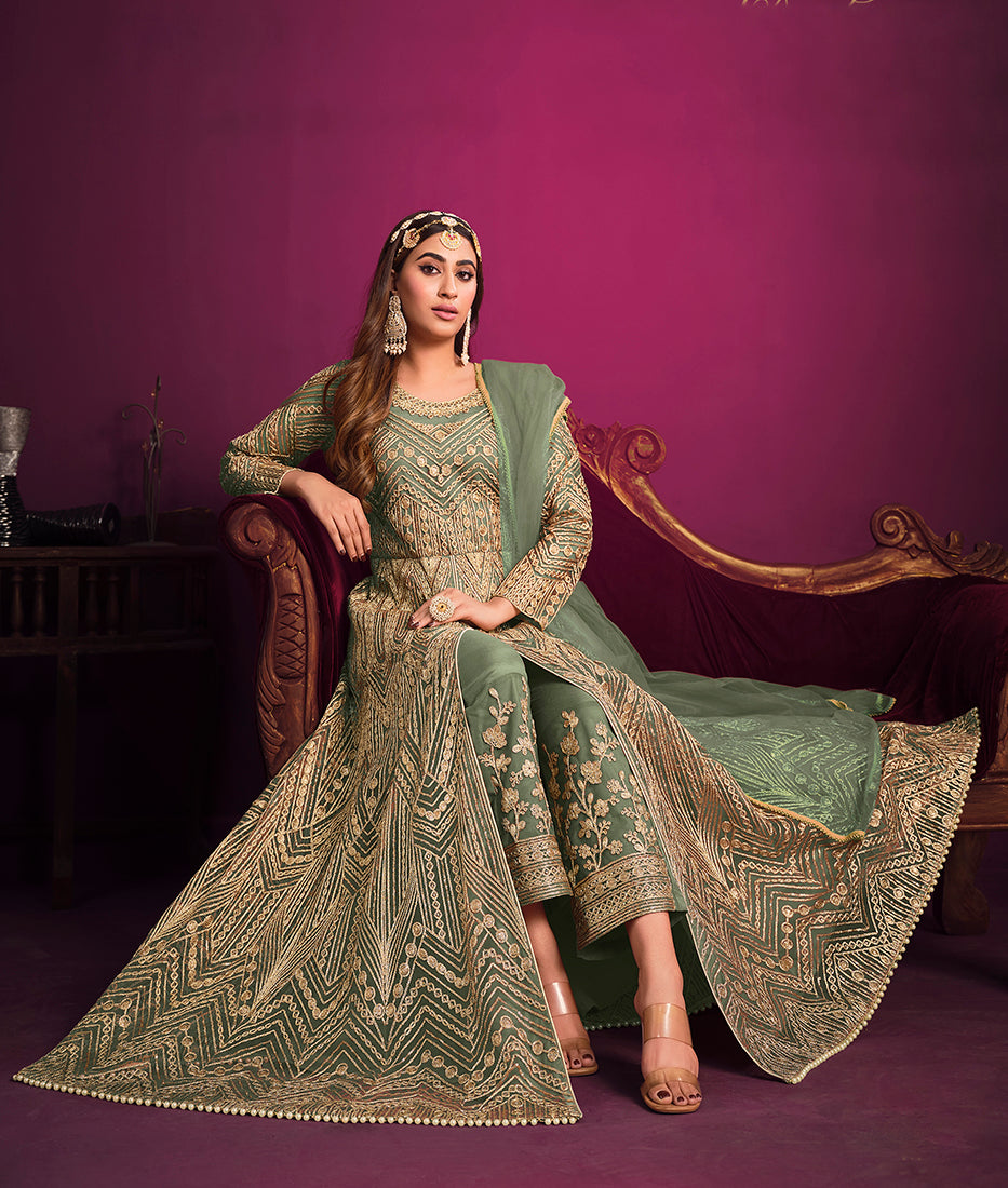 Monjolika Fashion Light Green Sangeet Net Designer Salwar Suit