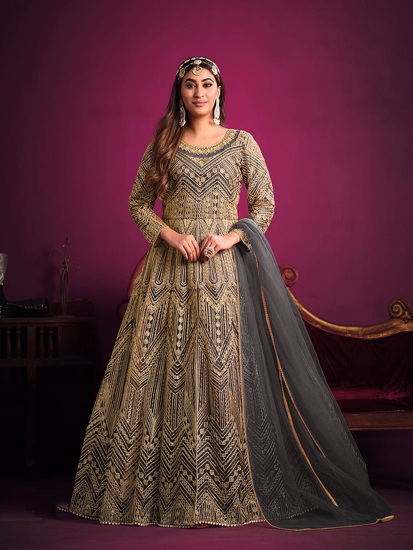 Monjolika Fashion Grey Sangeet Net Designer Salwar Suit