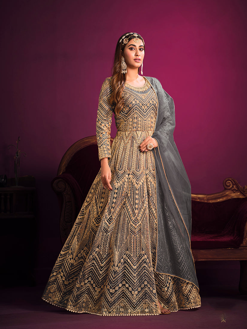 Monjolika Fashion Grey Sangeet Net Designer Salwar Suit