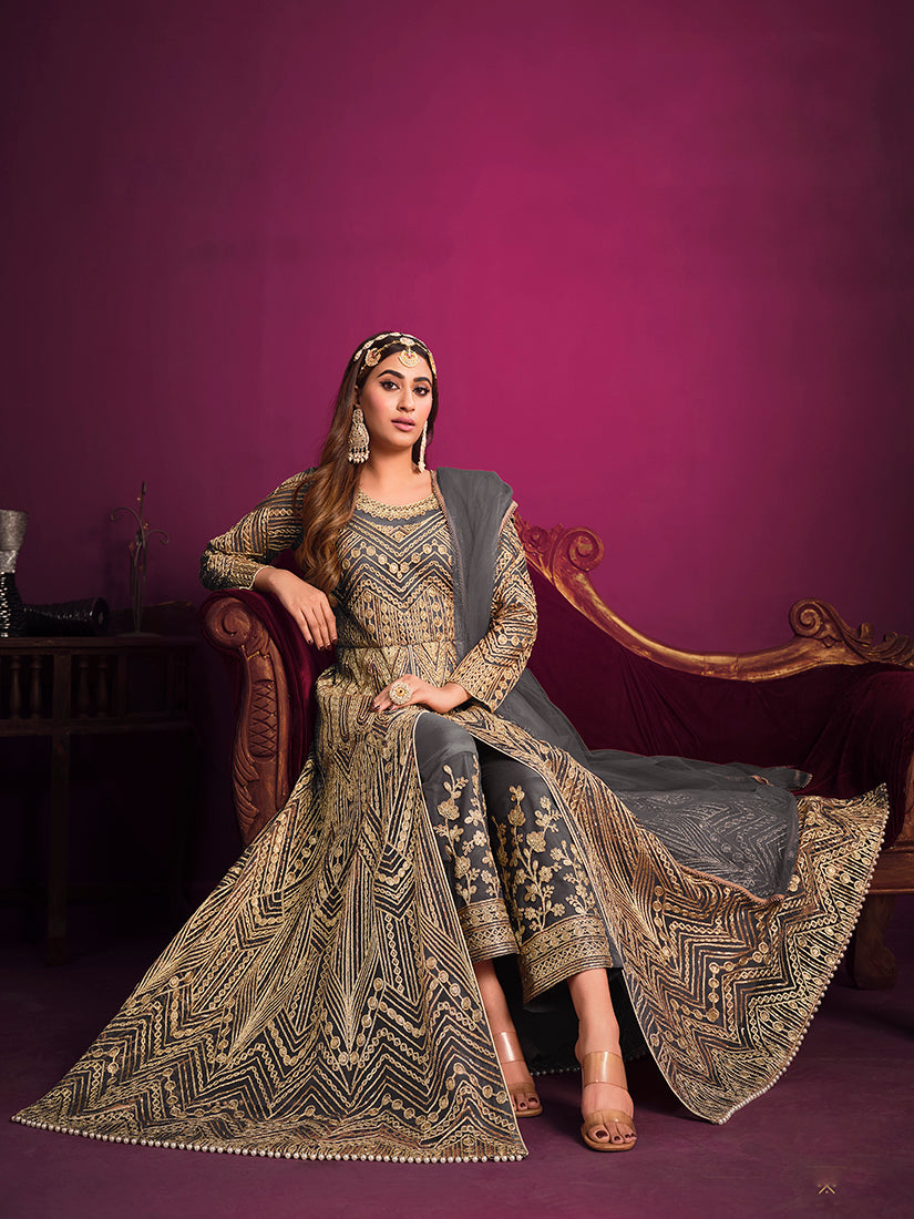 Monjolika Fashion Grey Sangeet Net Designer Salwar Suit