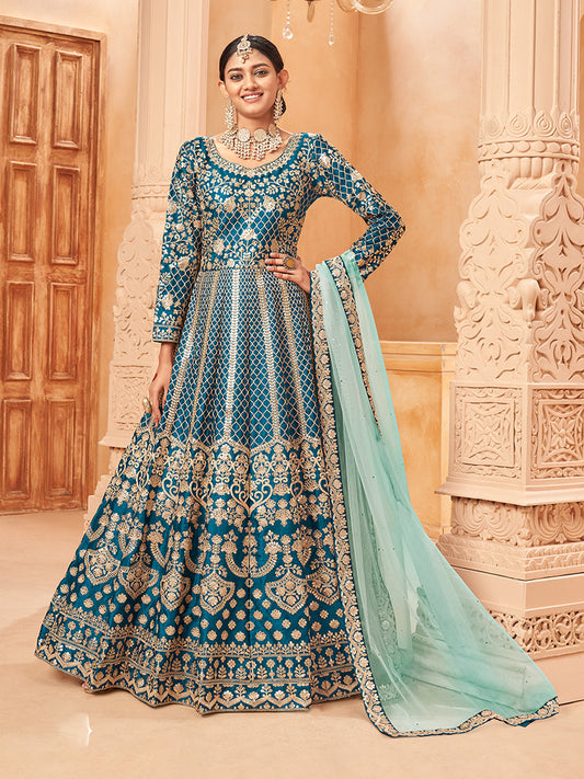 Monjolika Fashion Teal Color Art Silk Embroidered Anarkali Salwar Kameez