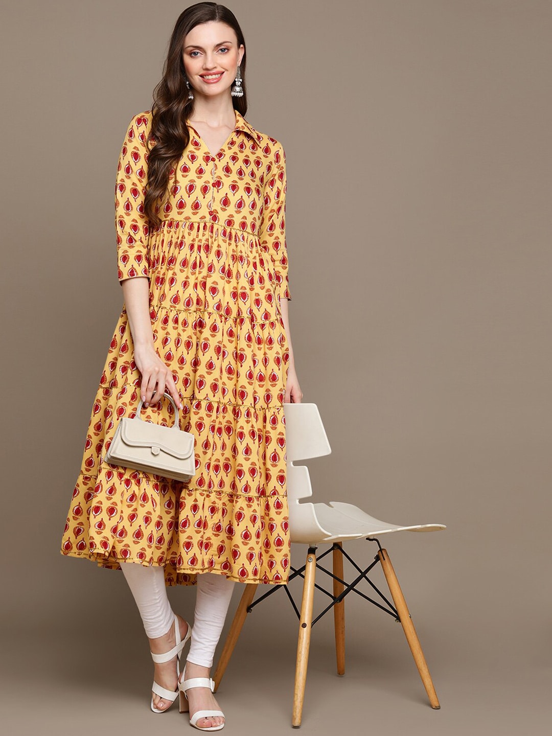 HERE&NOW Ethnic Motifs Printed Shirt Collar Pure Cotton Anarkali Kurta
