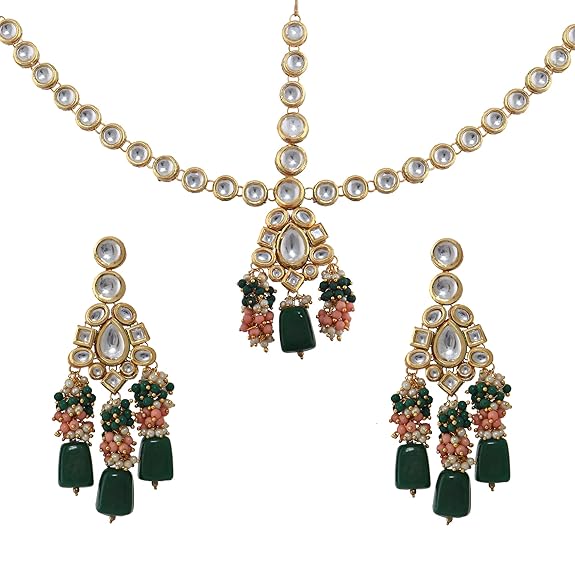 Tehzeeb Creations Gold-Polished Multicolor Kundan Stone/Uncut Kundan/Dibbi Kundan/Meena Kundan/Lucknow Kundan Bridal Set for Girls & Women Tehzeeb Creations