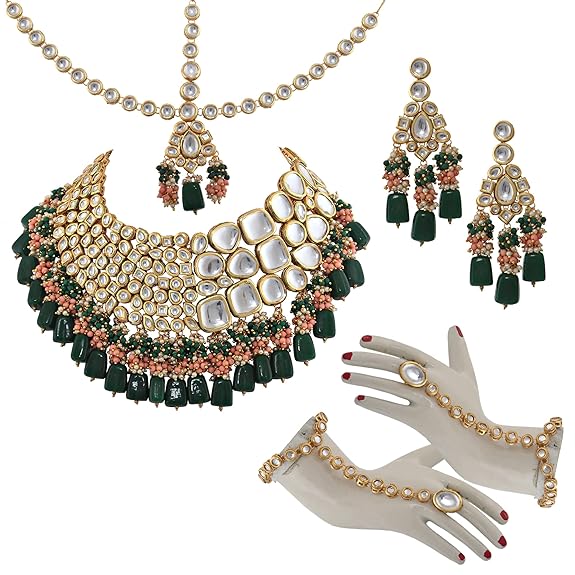 Tehzeeb Creations Gold-Polished Multicolor Kundan Stone/Uncut Kundan/Dibbi Kundan/Meena Kundan/Lucknow Kundan Bridal Set for Girls & Women Tehzeeb Creations